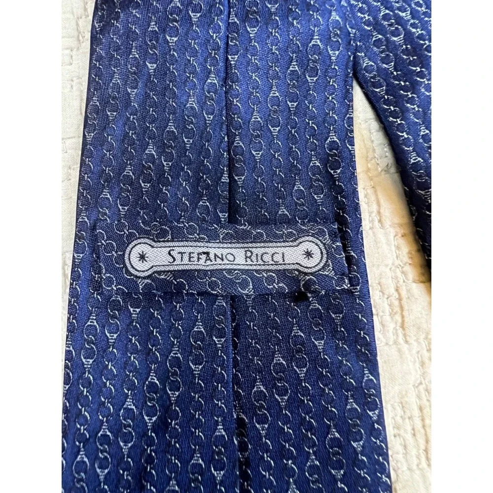 Stefano Ricci for Saks Fifth Avenue Silk Tie Chains Navy Skinny 1980s 58
